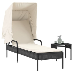 Schwarze Poly Rattan Sonnenliege mit Dach & Tisch