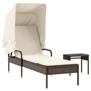 Sonnenliege mit Dach & Tisch Braun Rattan