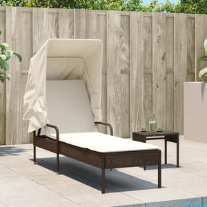 Sonnenliege mit Dach & Tisch Braun Rattan
