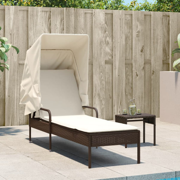 Sonnenliege mit Dach & Tisch Braun Rattan