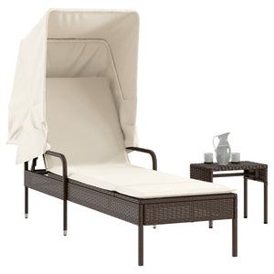 Sonnenliege mit Dach & Tisch Braun Rattan