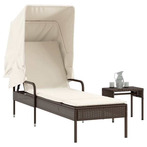 Sonnenliege mit Dach & Tisch Braun Rattan