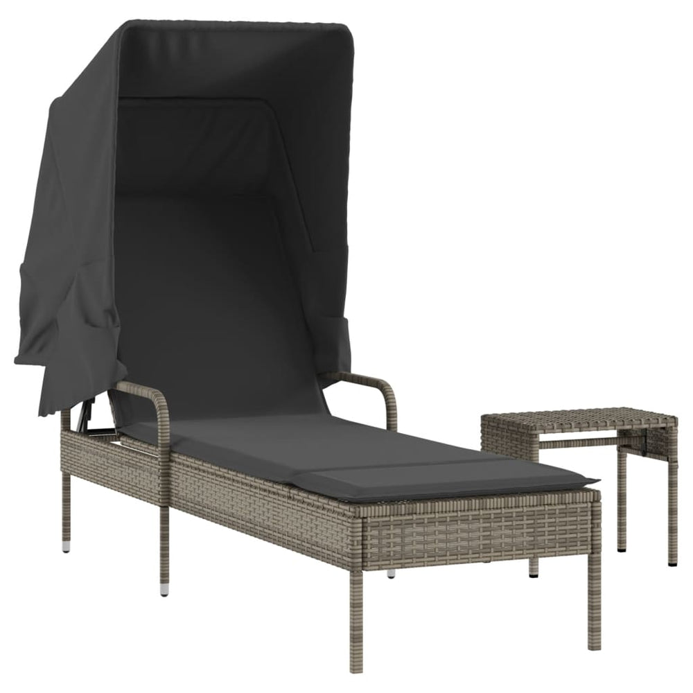 Sonnenliege Grau Poly Rattan mit Dach & Tisch