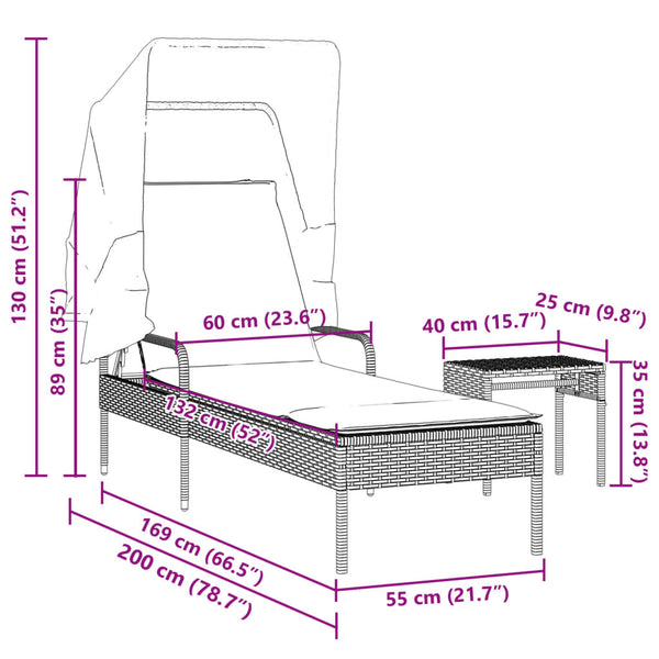 Sonnenliege Grau Poly Rattan mit Dach & Tisch