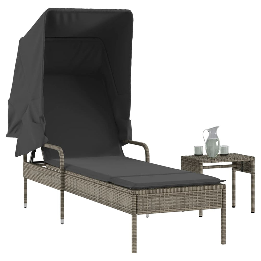 Sonnenliege Grau Poly Rattan mit Dach & Tisch