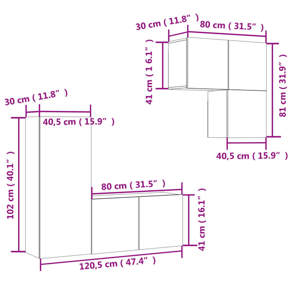 vidaXL Meuble TV, 4 pcs, chêne fumé, bois d'ingénierie
