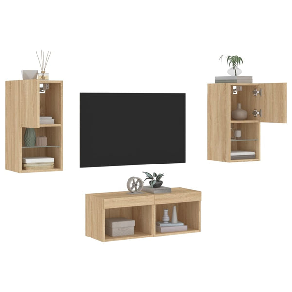 vidaXL Meuble TV mural 4 pcs avec lumières LED Chêne Sonoma