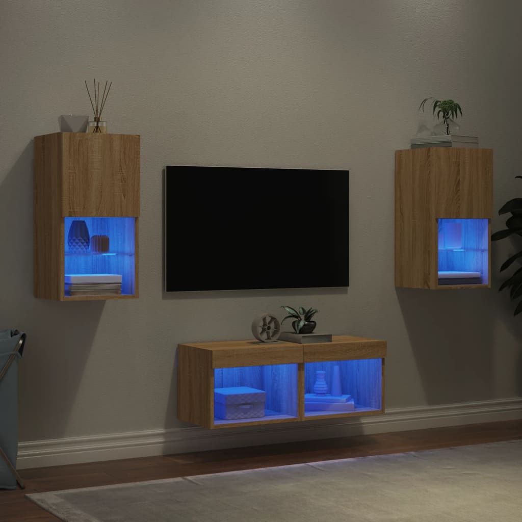 vidaXL Meuble TV mural 4 pcs avec lumières LED Chêne Sonoma