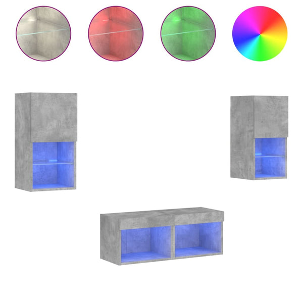 vidaXL Meuble TV mural 4 pcs avec éclairage LED Gris béton