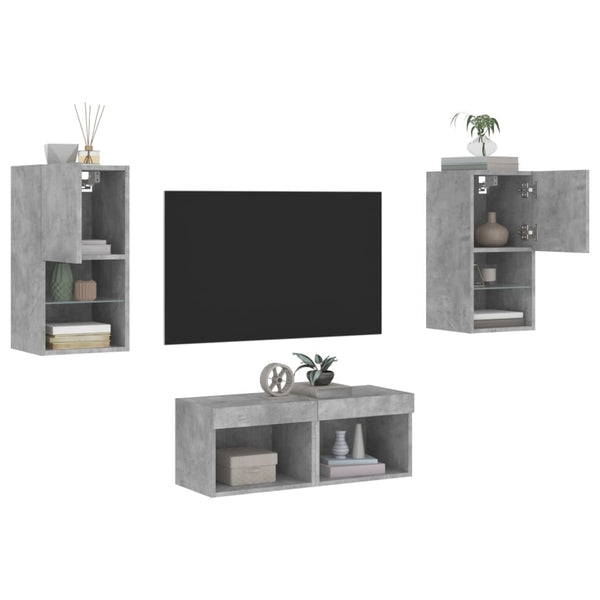 vidaXL Meuble TV mural 4 pcs avec éclairage LED Gris béton