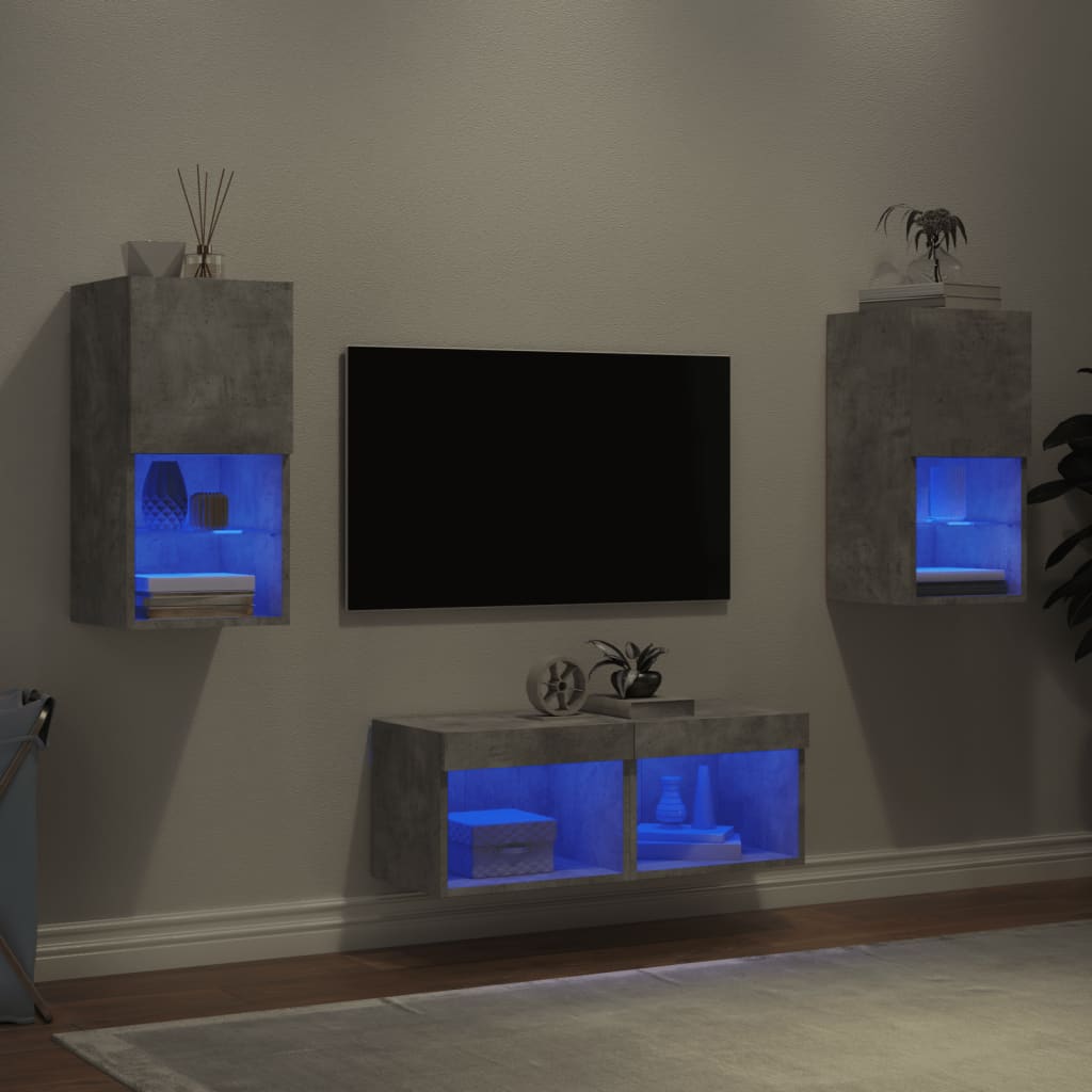 vidaXL Meuble TV mural 4 pcs avec éclairage LED Gris béton