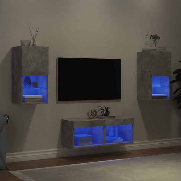 vidaXL Meuble TV mural 4 pcs avec éclairage LED Gris béton