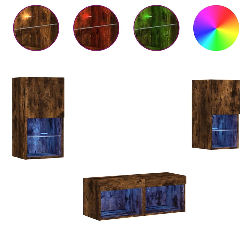 vidaXL Meuble TV mural 4 pcs avec lumières LED chêne fumé