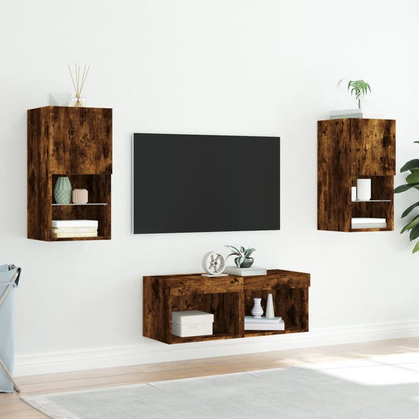 vidaXL Meuble TV mural 4 pcs avec lumières LED chêne fumé