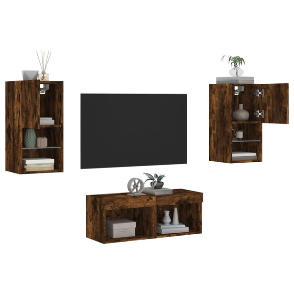 vidaXL Meuble TV mural 4 pcs avec lumières LED chêne fumé