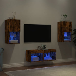 vidaXL Meuble TV mural 4 pcs avec lumières LED chêne fumé