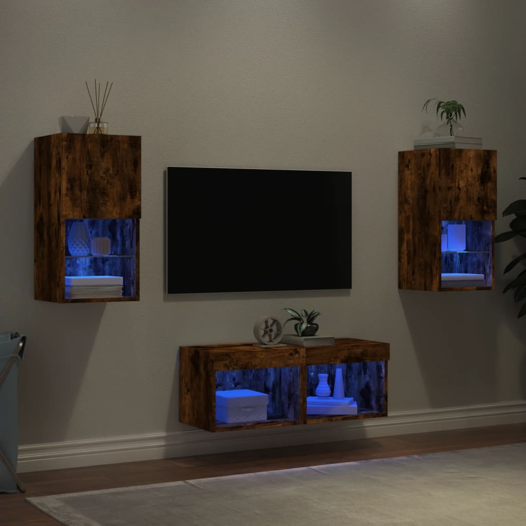 vidaXL Meuble TV mural 4 pcs avec lumières LED chêne fumé