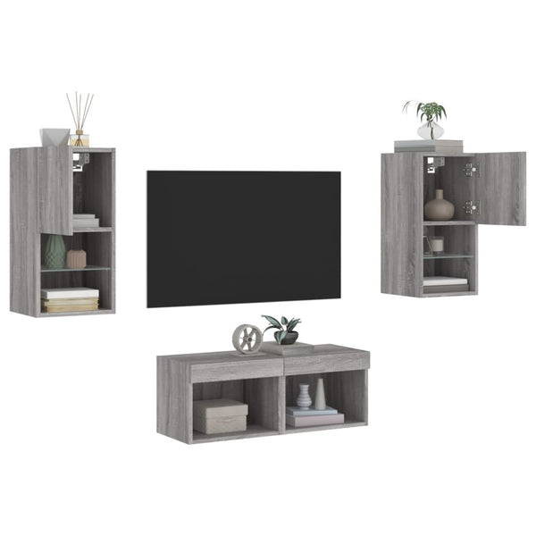 vidaXL 4-Piece TV Wall Unit with LED Lights Sonoma Grey