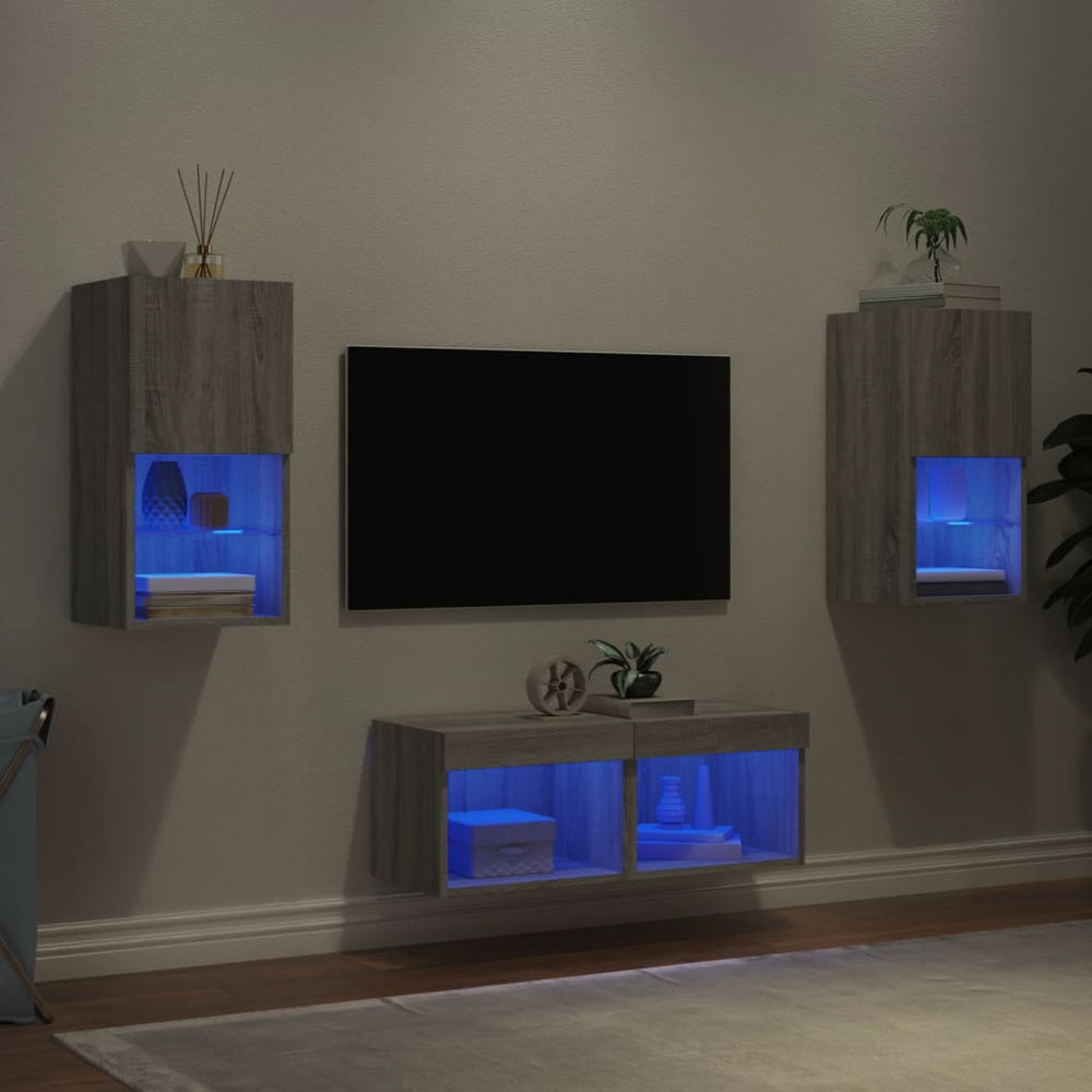 4-tlg. TV-Wohnwand mit LED Grau/Sonoma