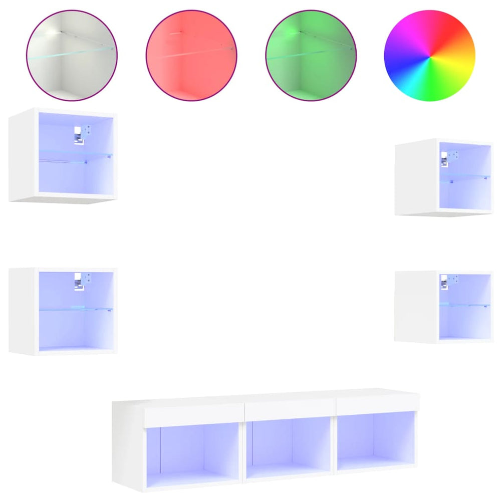 vidaXL Meuble TV, 7 pcs, avec éclairage LED, Blanc, Bois d'ingénierie