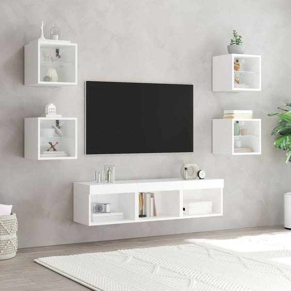 vidaXL Meuble TV, 7 pcs, avec éclairage LED, Blanc, Bois d'ingénierie