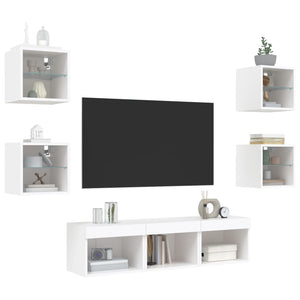 vidaXL Meuble TV, 7 pcs, avec éclairage LED, Blanc, Bois d'ingénierie