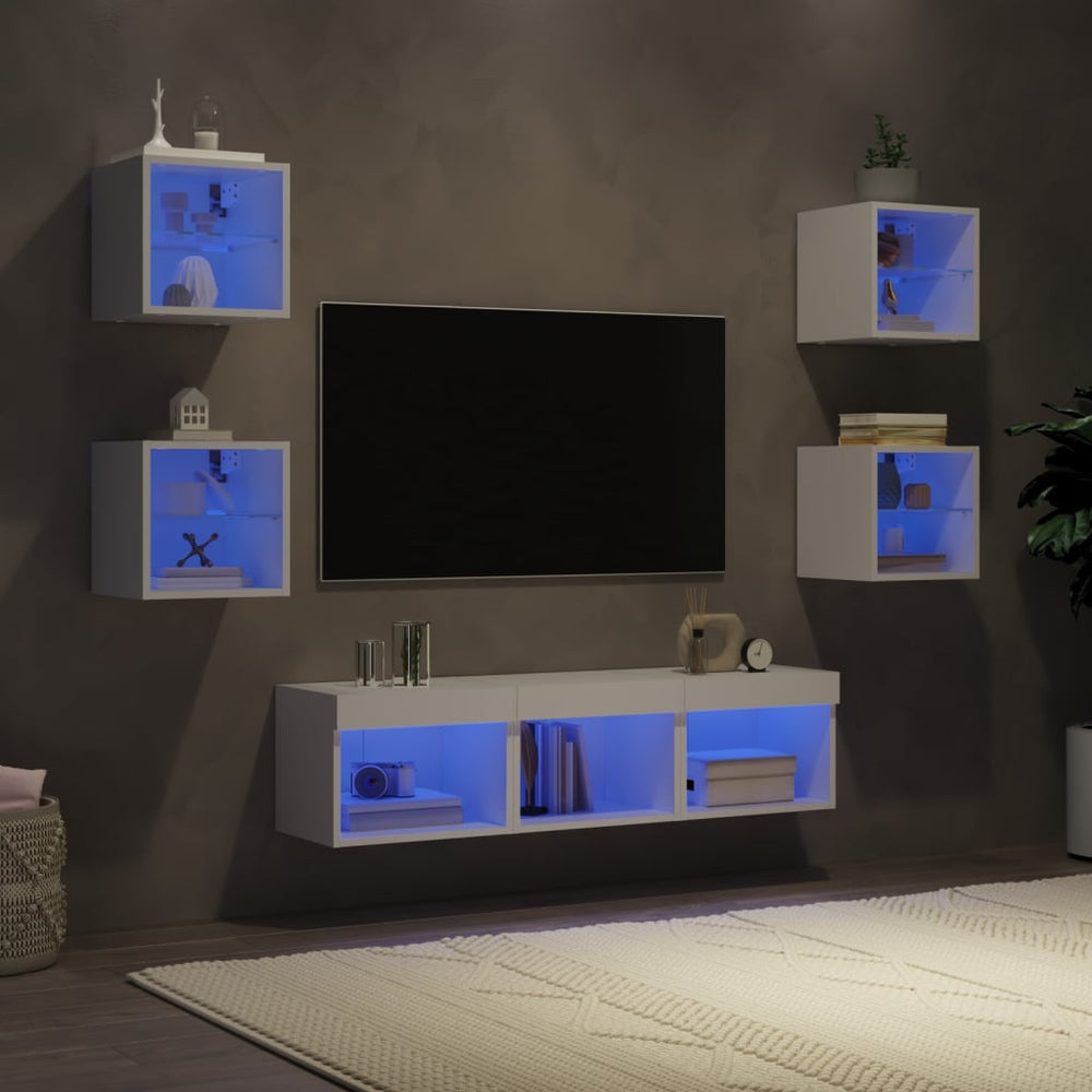vidaXL Meuble TV, 7 pcs, avec éclairage LED, Blanc, Bois d'ingénierie
