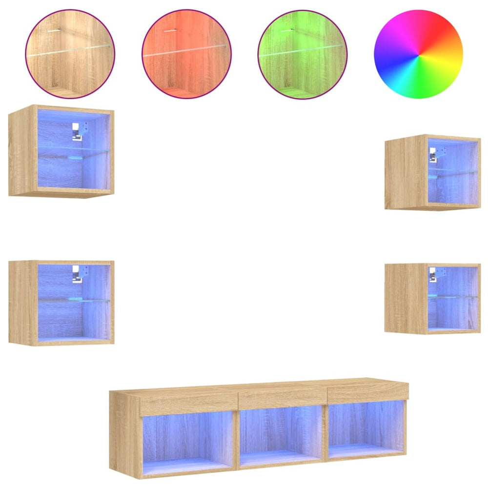 vidaXL Meuble TV mural 7 pcs avec lumières LED Chêne Sonoma Bois d'ingénierie