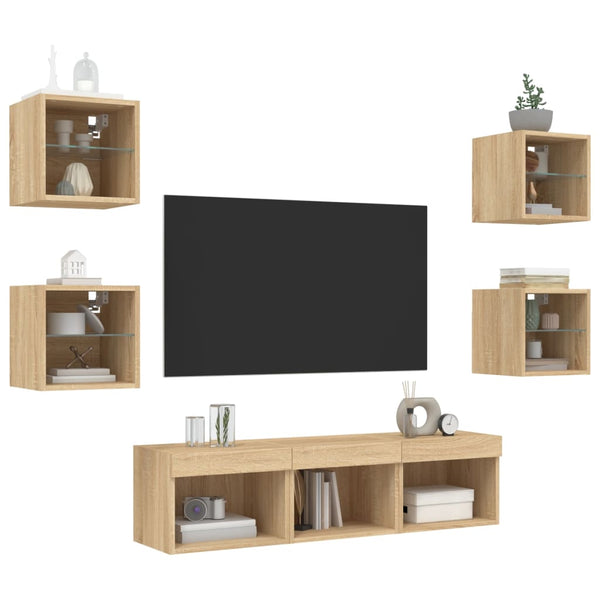 vidaXL Meuble TV mural 7 pcs avec lumières LED Chêne Sonoma Bois d'ingénierie