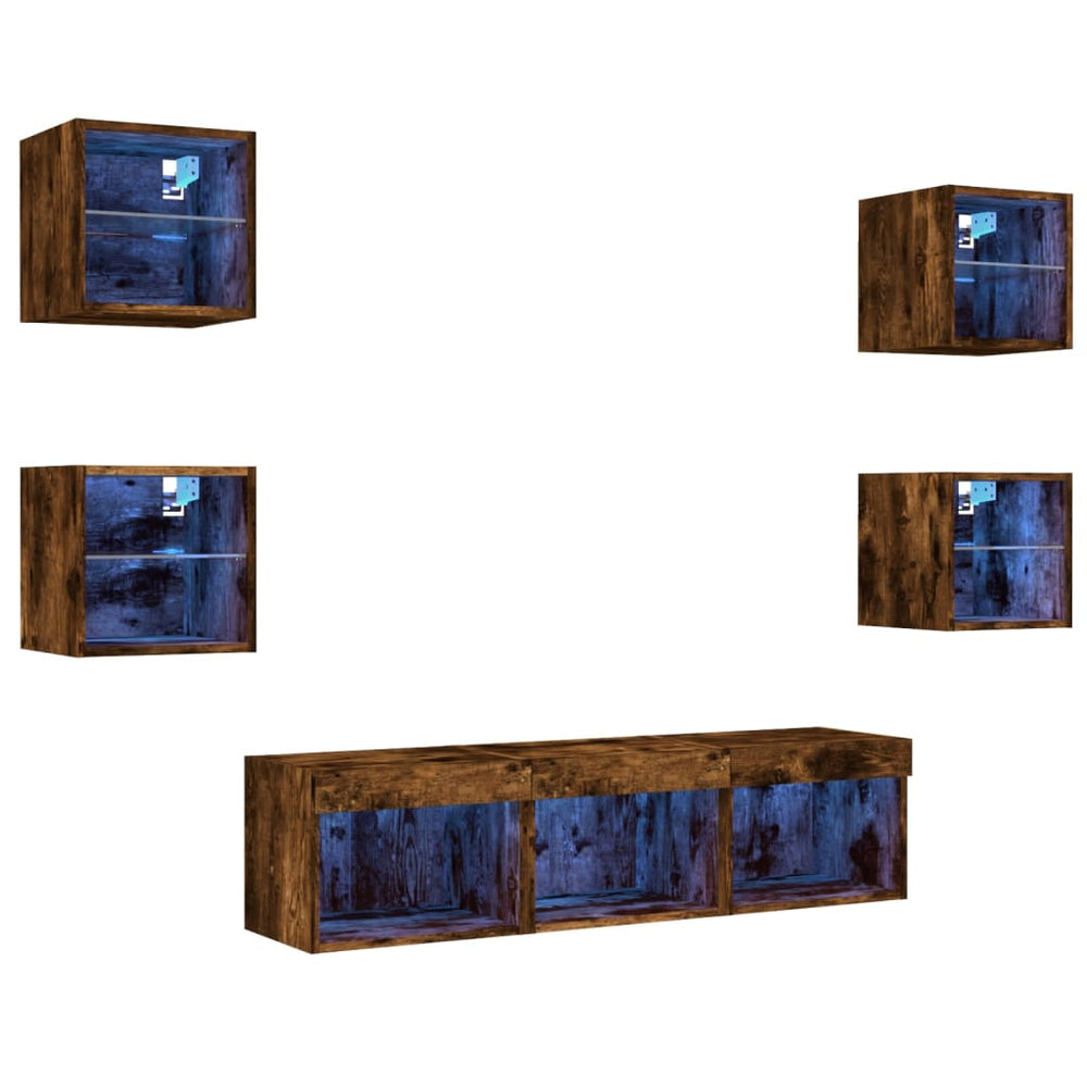vidaXL Meuble TV 7 pièces avec éclairage LED en aggloméré coloris chêne fumé