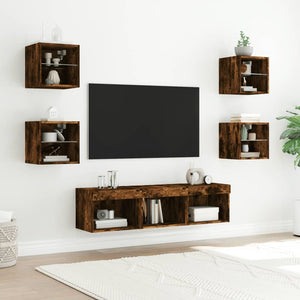 vidaXL Meuble TV 7 pièces avec éclairage LED en aggloméré coloris chêne fumé