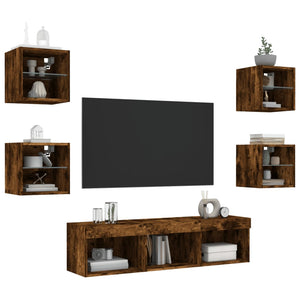 vidaXL Meuble TV 7 pièces avec éclairage LED en aggloméré coloris chêne fumé