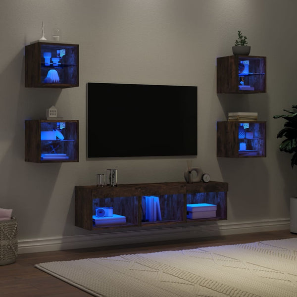 vidaXL Meuble TV 7 pièces avec éclairage LED en aggloméré coloris chêne fumé