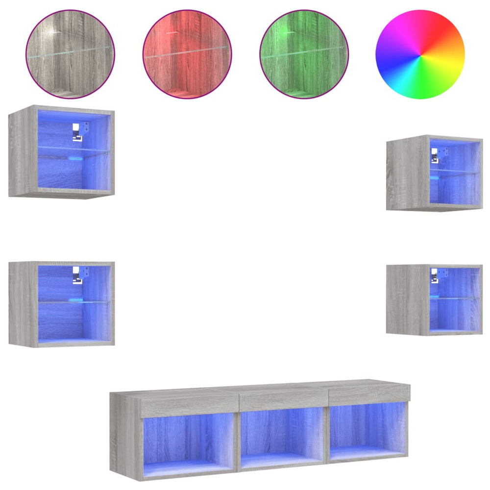 vidaXL Meuble TV 7 pcs avec éclairage LED Gris Sonoma Bois d'ingénierie