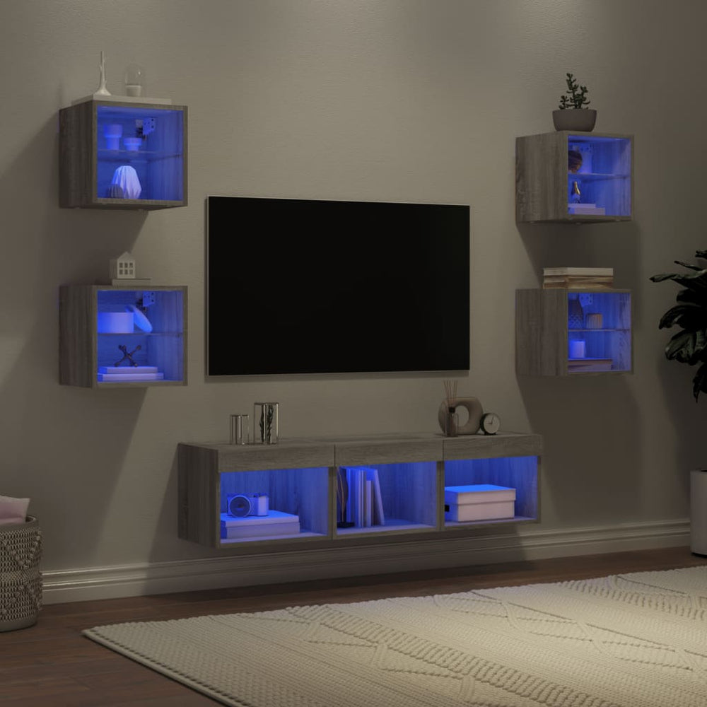 vidaXL Meuble TV 7 pcs avec éclairage LED Gris Sonoma Bois d'ingénierie