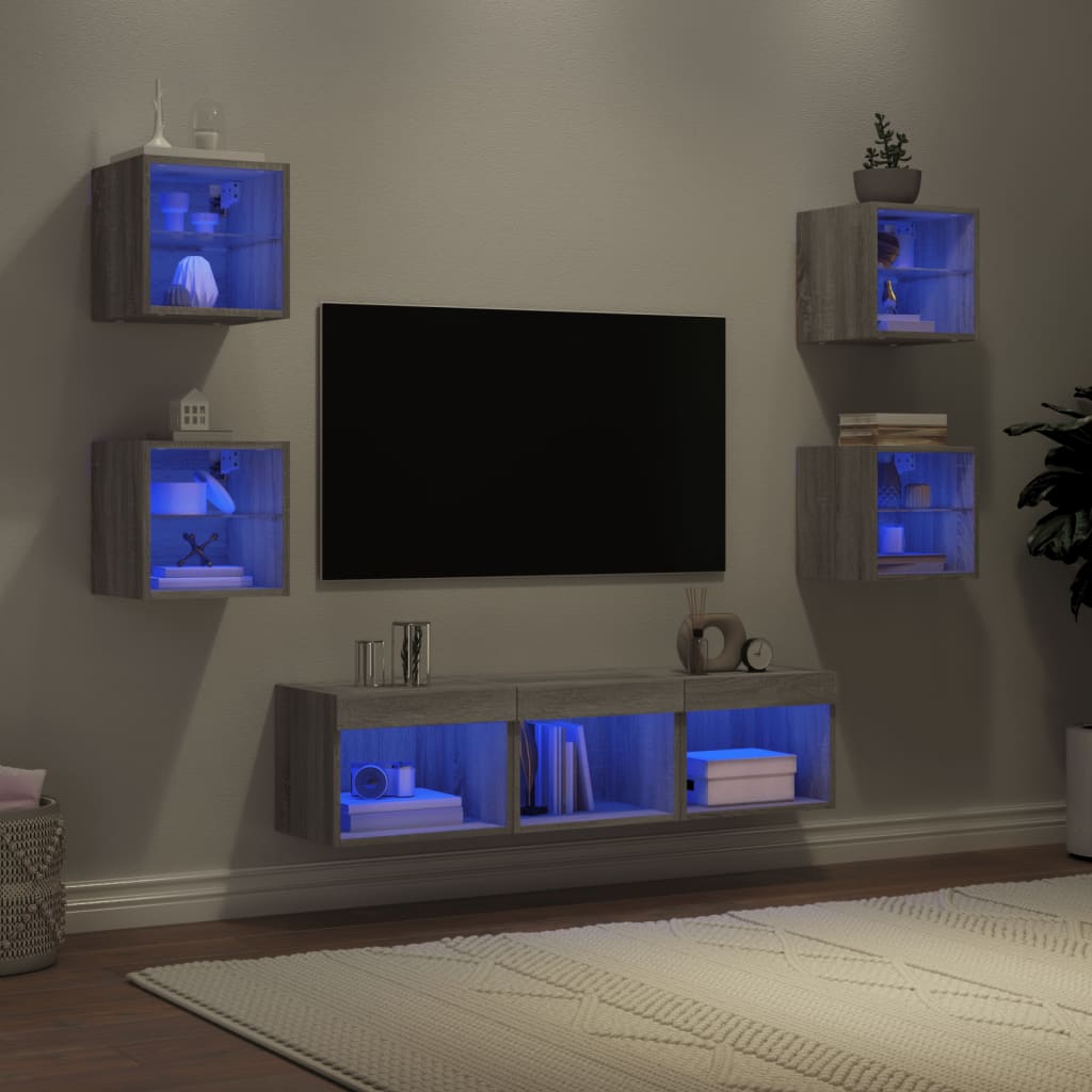 vidaXL Meuble TV 7 pcs avec éclairage LED Gris Sonoma Bois d'ingénierie