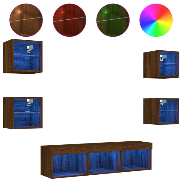 vidaXL Meuble TV mural 7 pièces avec lumières LED Chêne marron