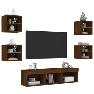 vidaXL Meuble TV mural 7 pièces avec lumières LED Chêne marron