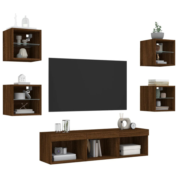 vidaXL Meuble TV mural 7 pièces avec lumières LED Chêne marron