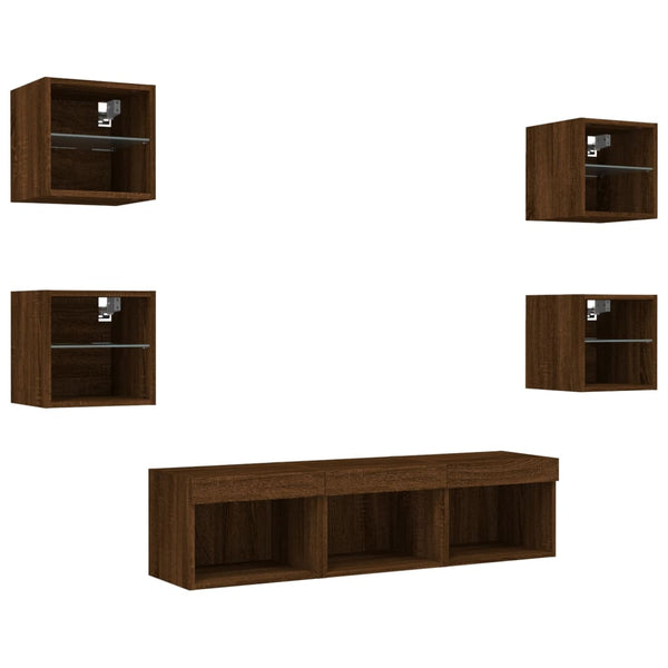 vidaXL Meuble TV mural 7 pièces avec lumières LED Chêne marron
