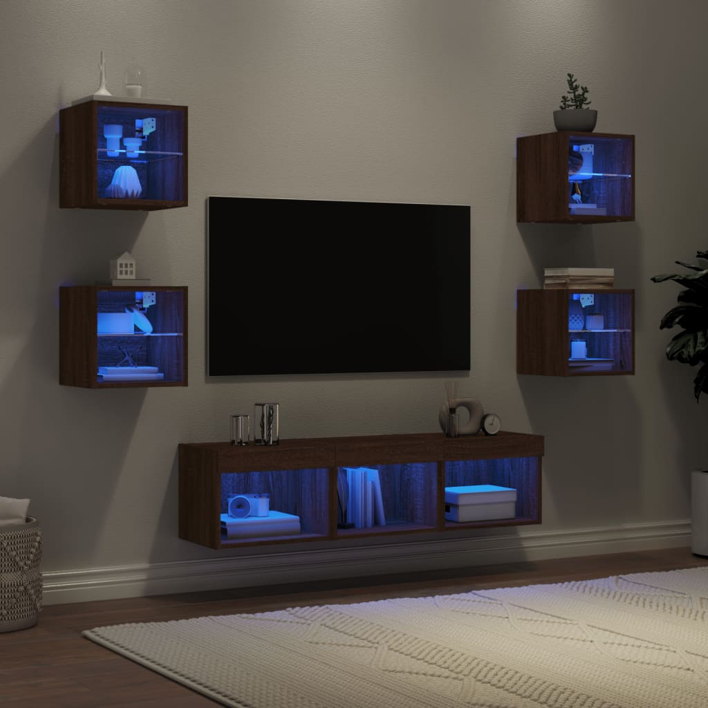 vidaXL Meuble TV mural 7 pièces avec lumières LED Chêne marron