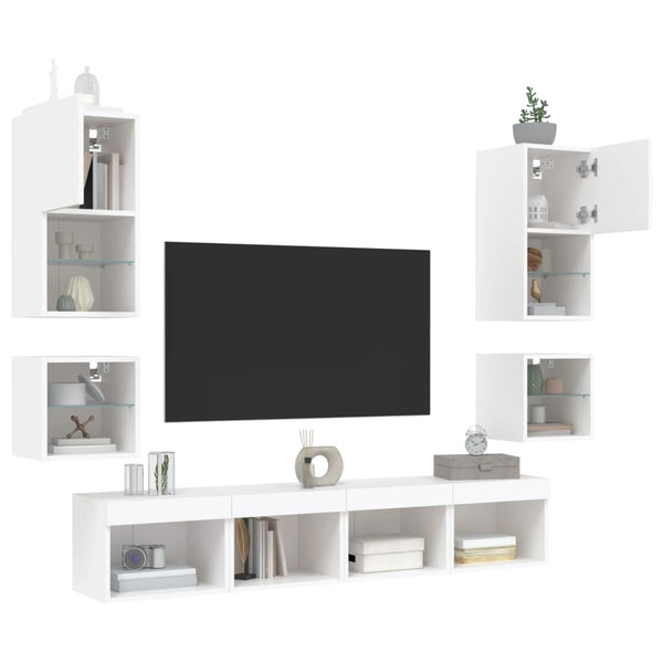 vidaXL Ensemble mural 8 pièces avec éclairage LED Blanc Bois d'ingénierie