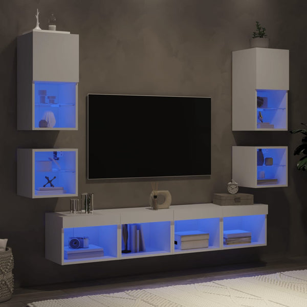 vidaXL Ensemble mural 8 pièces avec éclairage LED Blanc Bois d'ingénierie