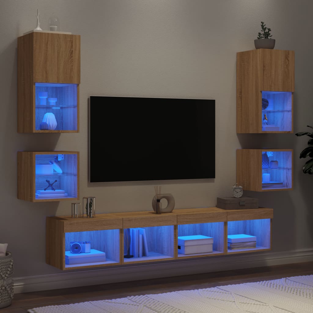 vidaXL Meuble TV mural 8 pcs avec éclairage LED Chêne Sonoma Bois d'ingénierie