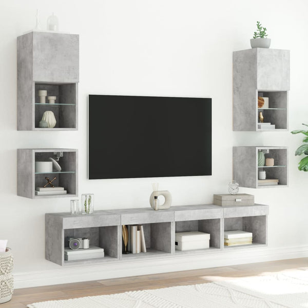 vidaXL Meuble TV mural 8 pcs avec éclairage LED Gris béton Bois d'ingénierie