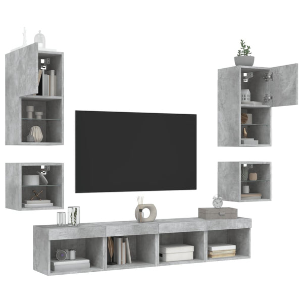vidaXL Meuble TV mural 8 pcs avec éclairage LED Gris béton Bois d'ingénierie