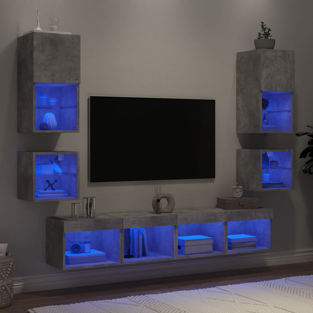 vidaXL Meuble TV mural 8 pcs avec éclairage LED Gris béton Bois d'ingénierie