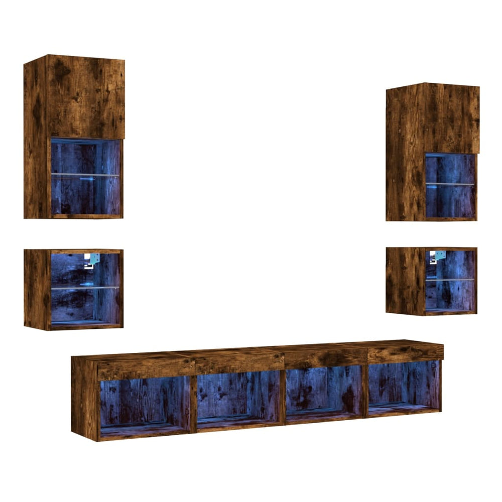 vidaXL Meuble TV mural 8 pièces avec éclairage LED Chêne fumé en bois d'ingénierie