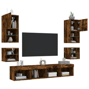 vidaXL Meuble TV mural 8 pièces avec éclairage LED Chêne fumé en bois d'ingénierie