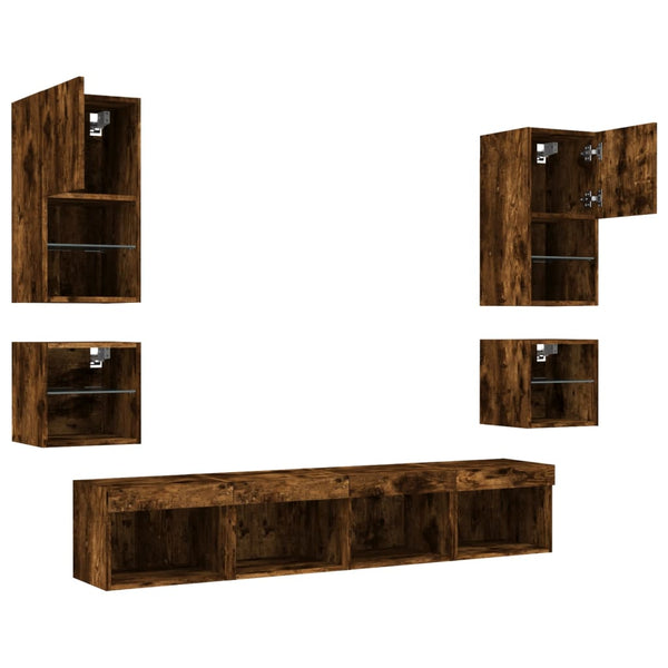 vidaXL Meuble TV mural 8 pièces avec éclairage LED Chêne fumé en bois d'ingénierie